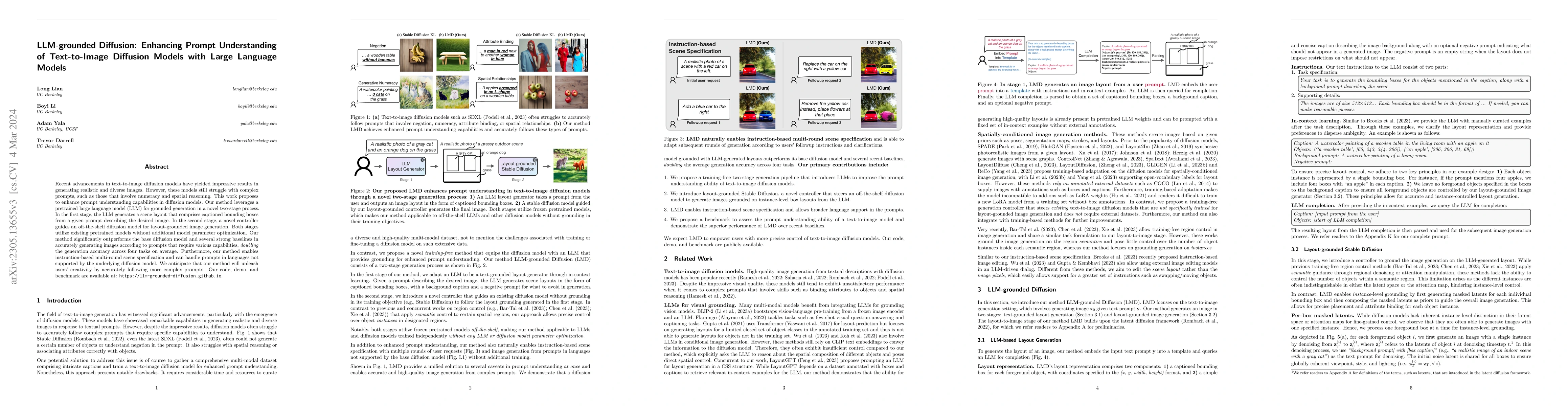 Thumbnail for LLM-grounded Diffusion: Enhancing Prompt Understanding of Text-to-Image
  Diffusion Models with Large Language Models