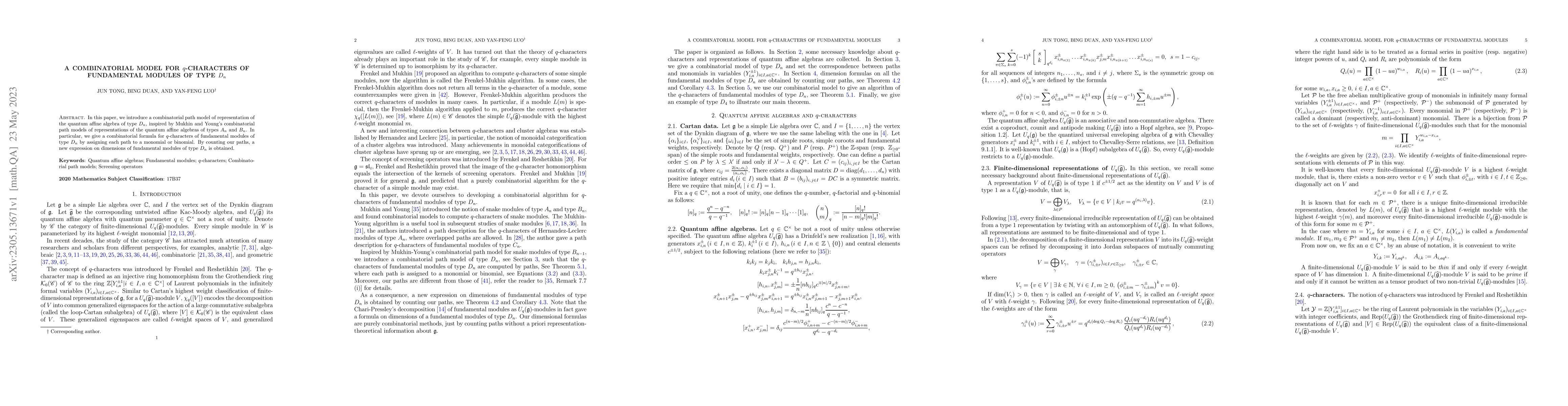 Thumbnail for A combinatorial model for $q$-characters of fundamental modules of type
  $D_{n}$