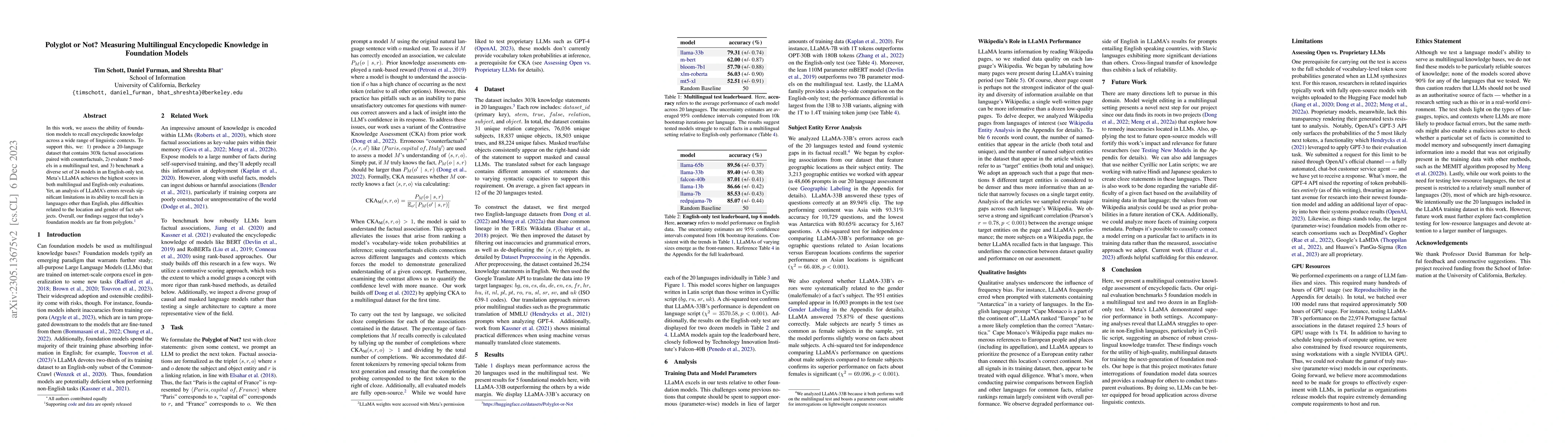 Thumbnail for Polyglot or Not? Measuring Multilingual Encyclopedic Knowledge in
  Foundation Models