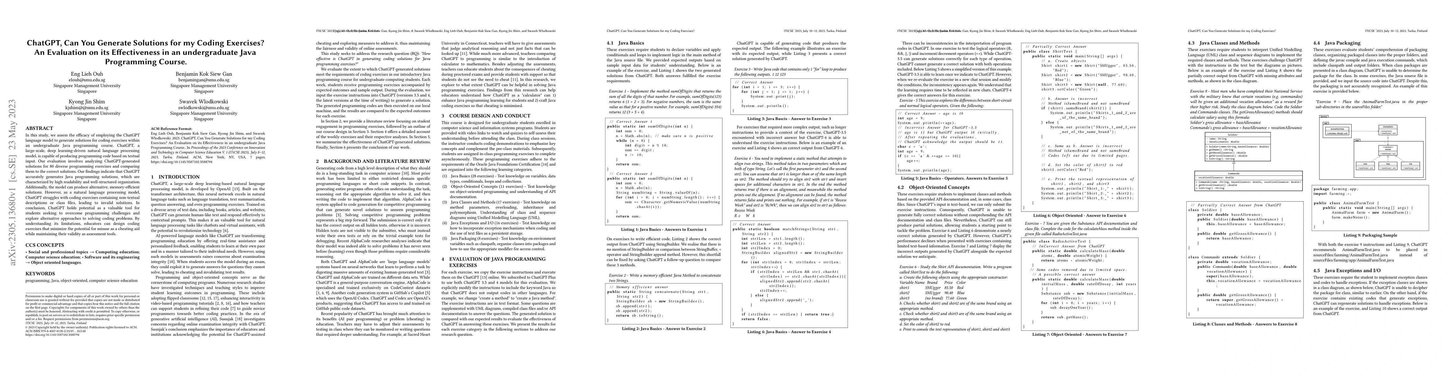Thumbnail for ChatGPT, Can You Generate Solutions for my Coding Exercises? An
  Evaluation on its Effectiveness in an undergraduate Java Programming Course