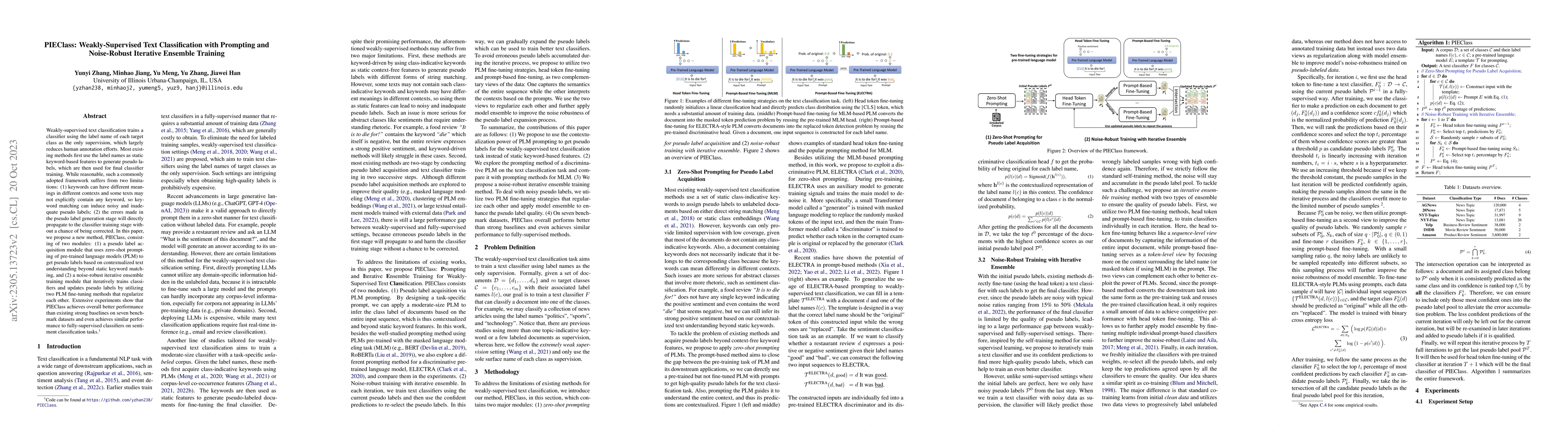 Thumbnail for PIEClass: Weakly-Supervised Text Classification with Prompting and
  Noise-Robust Iterative Ensemble Training