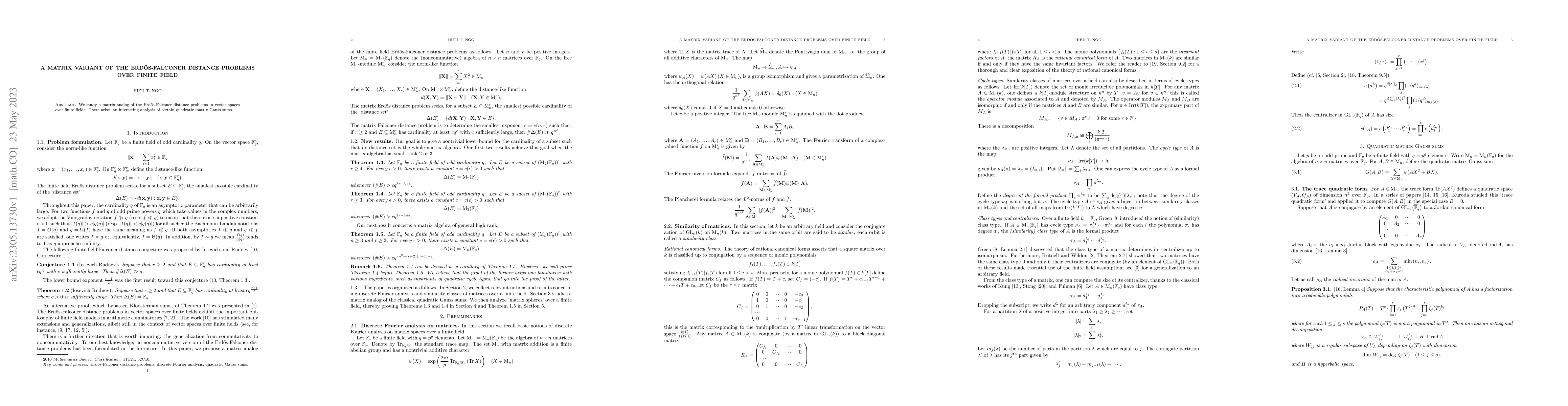 Thumbnail for A matrix variant of the Erd\H{o}s-Falconer distance problems over finite
  field