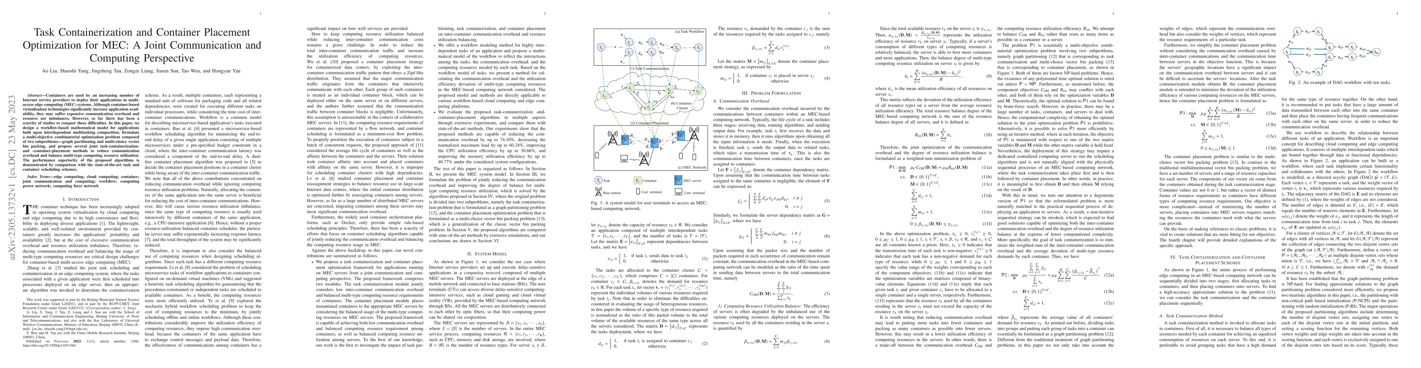 Thumbnail for Task Containerization and Container Placement Optimization for MEC: A
  Joint Communication and Computing Perspective