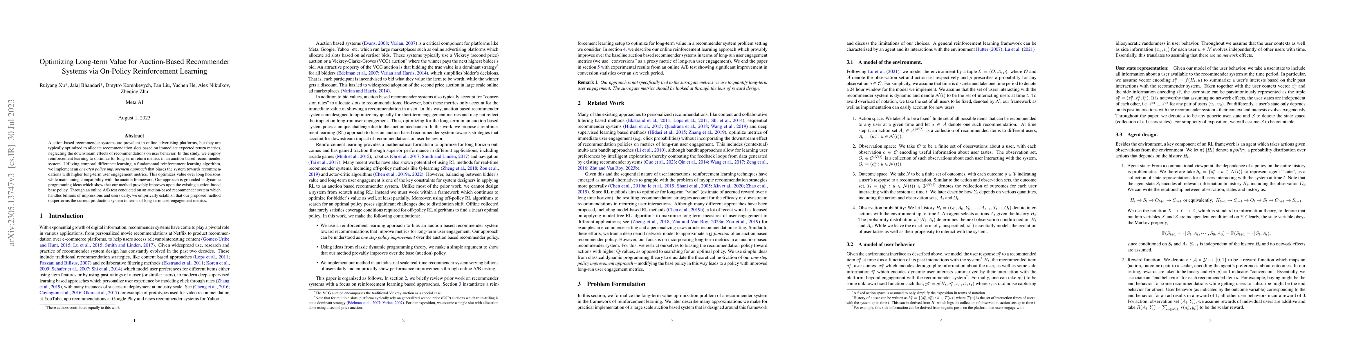 Thumbnail for Optimizing Long-term Value for Auction-Based Recommender Systems via
  On-Policy Reinforcement Learning