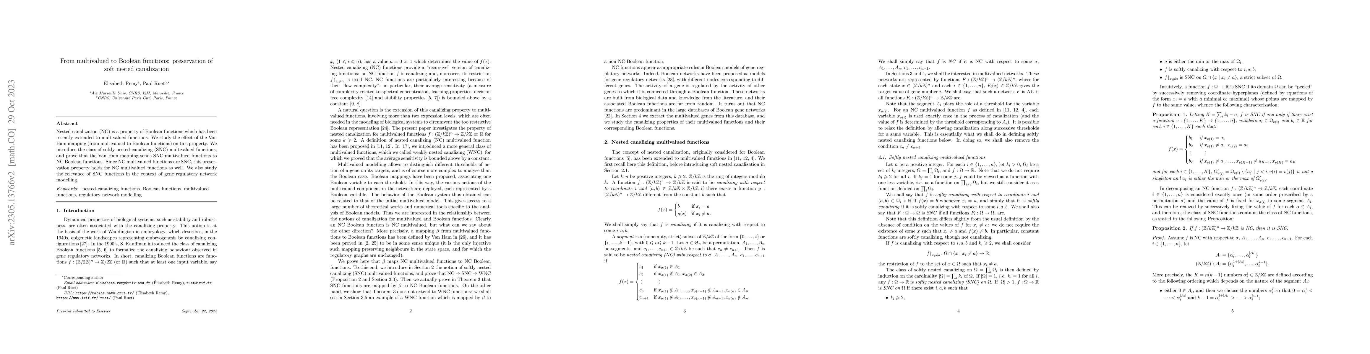 Thumbnail for From multivalued to Boolean functions: preservation of soft nested
  canalization