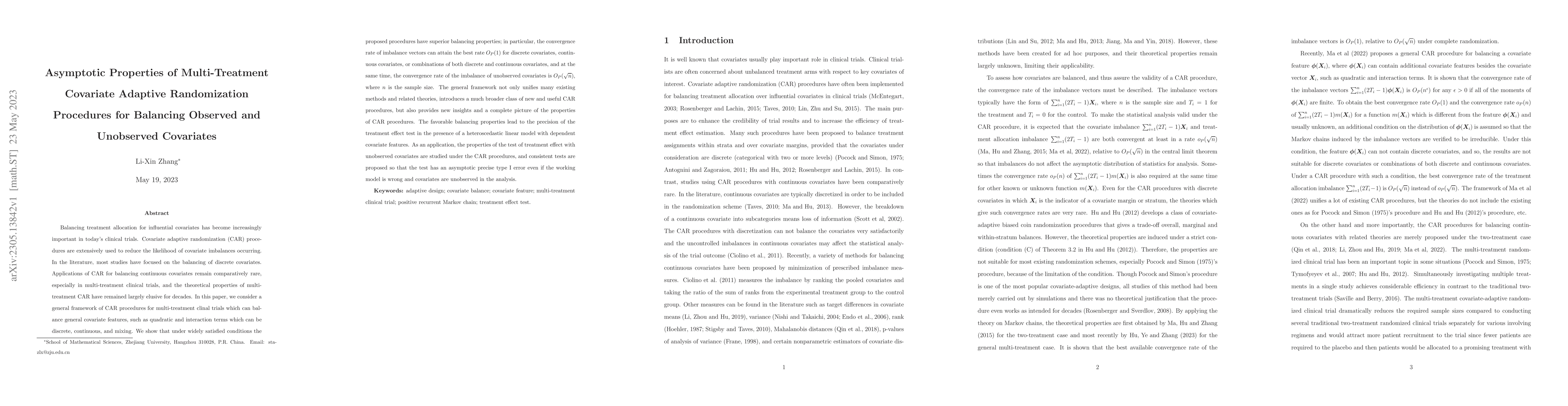 Thumbnail for Asymptotic Properties of Multi-Treatment Covariate Adaptive
  Randomization Procedures for Balancing Observed and Unobserved Covariates