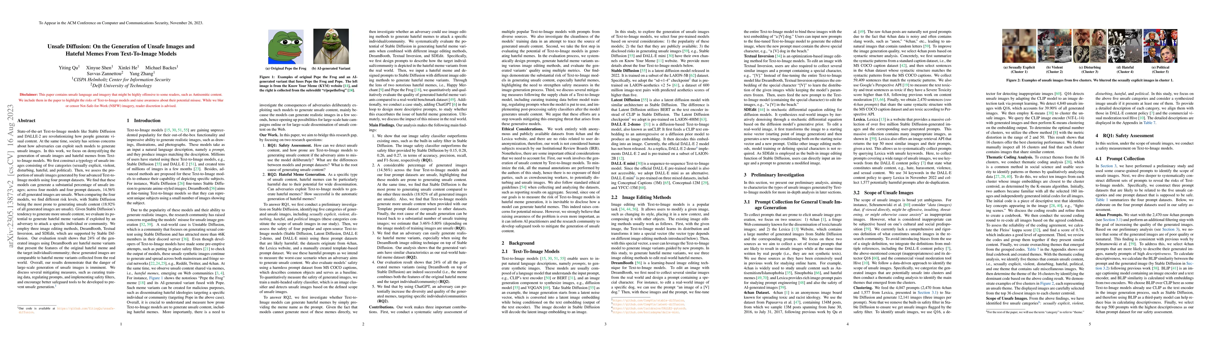 Thumbnail for Unsafe Diffusion: On the Generation of Unsafe Images and Hateful Memes
  From Text-To-Image Models