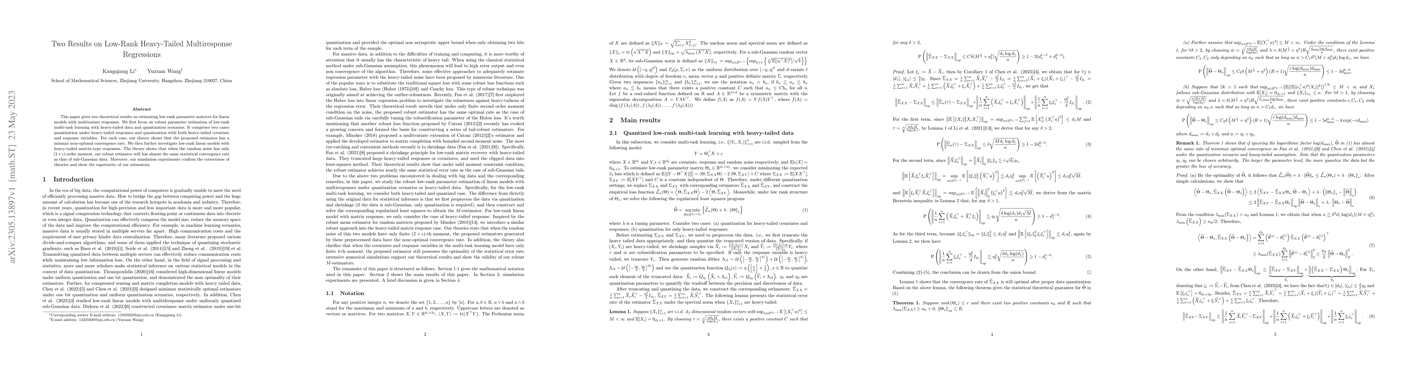 Thumbnail for Two Results on Low-Rank Heavy-Tailed Multiresponse Regressions