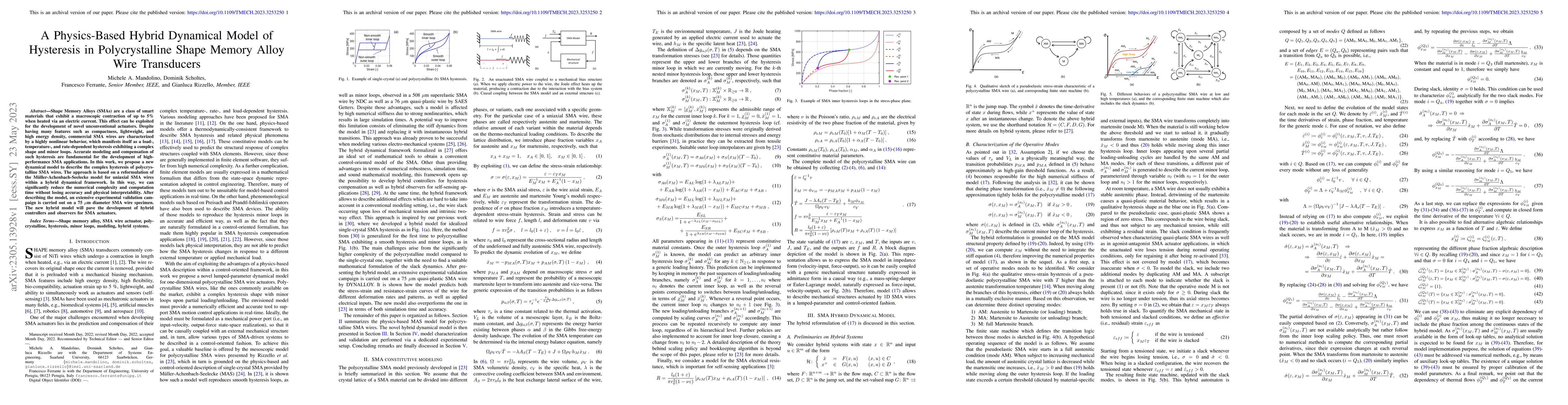 Thumbnail for A Physics-Based Hybrid Dynamical Model of Hysteresis in Polycrystalline
  Shape Memory Alloy Wire Transducers