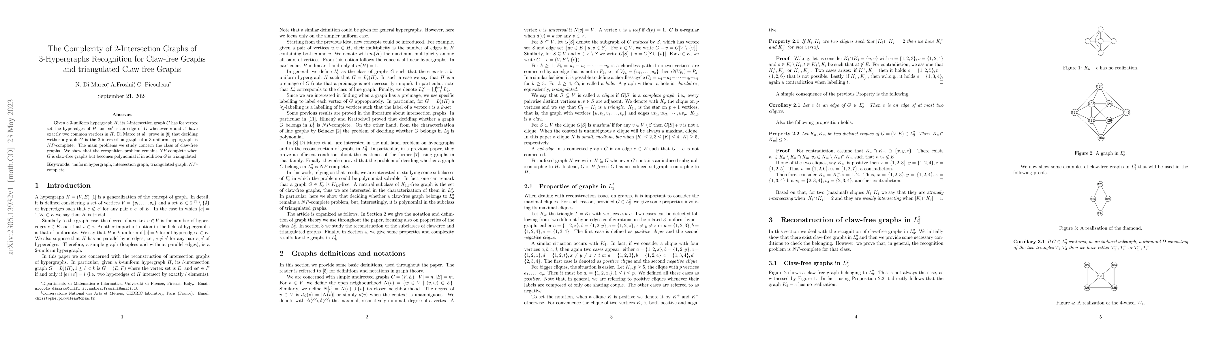 Thumbnail for The Complexity of 2-Intersection Graphs of 3-Hypergraphs Recognition for
  Claw-free Graphs and triangulated Claw-free Graphs