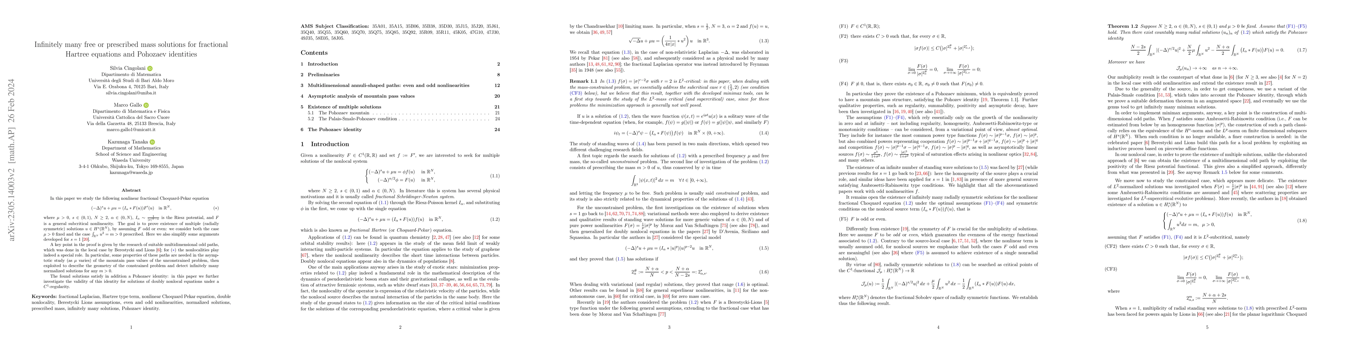 Thumbnail for Infinitely many free or prescribed mass solutions for fractional Hartree
  equations and Pohozaev identities