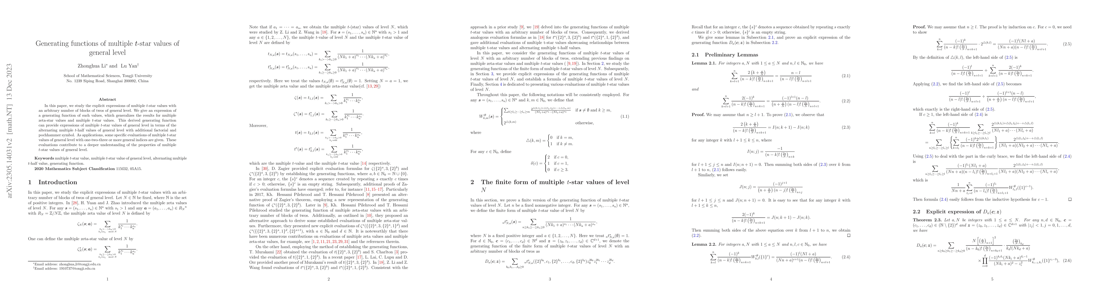Thumbnail for Generating functions of multiple $t$-star values of general level