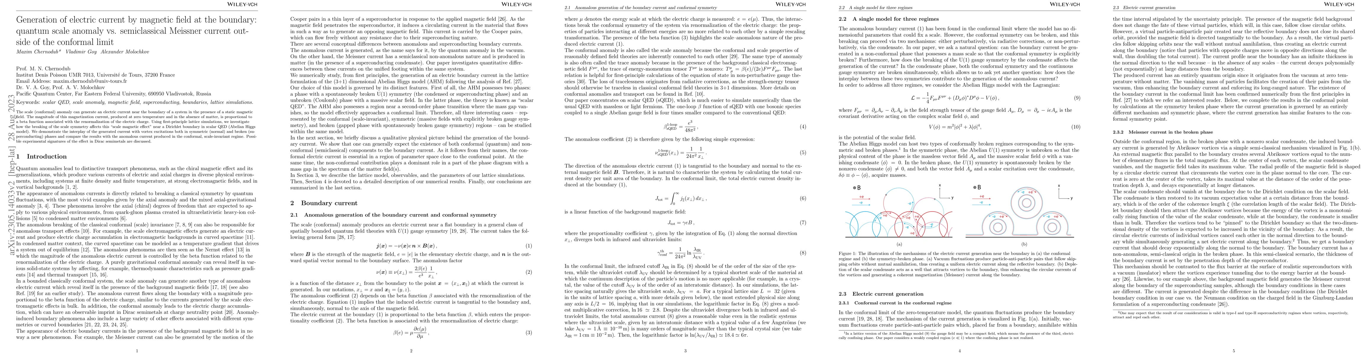 Thumbnail for Generation of electric current by magnetic field at the boundary:
  quantum scale anomaly vs. semiclassical Meissner current outside of the
  conformal limit