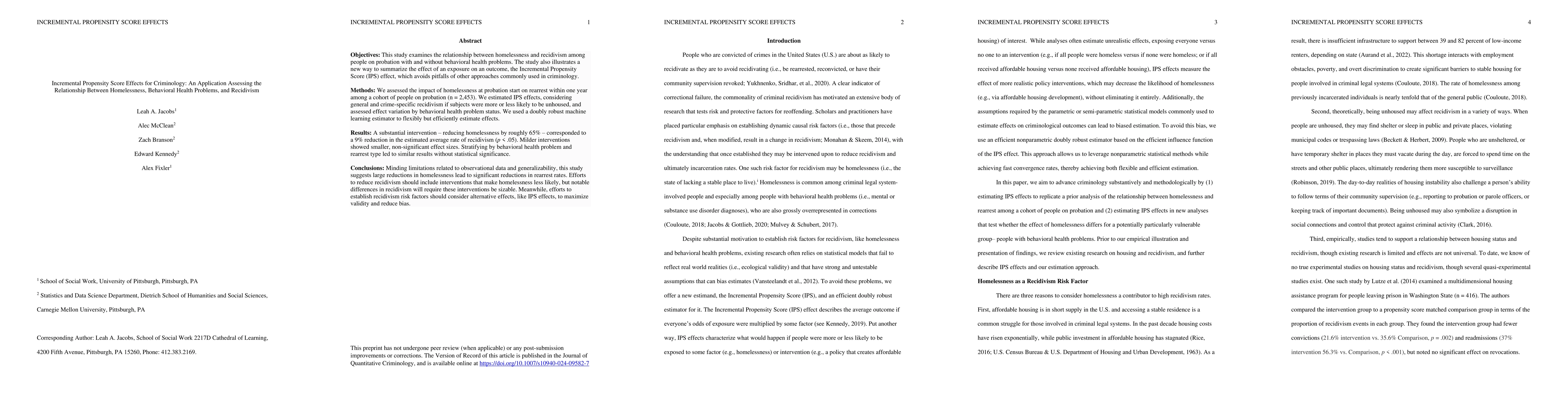 Thumbnail for Incremental Propensity Score Effects for Criminology: An Application
  Assessing the Relationship Between Homelessness, Behavioral Health Problems,
  and Recidivism