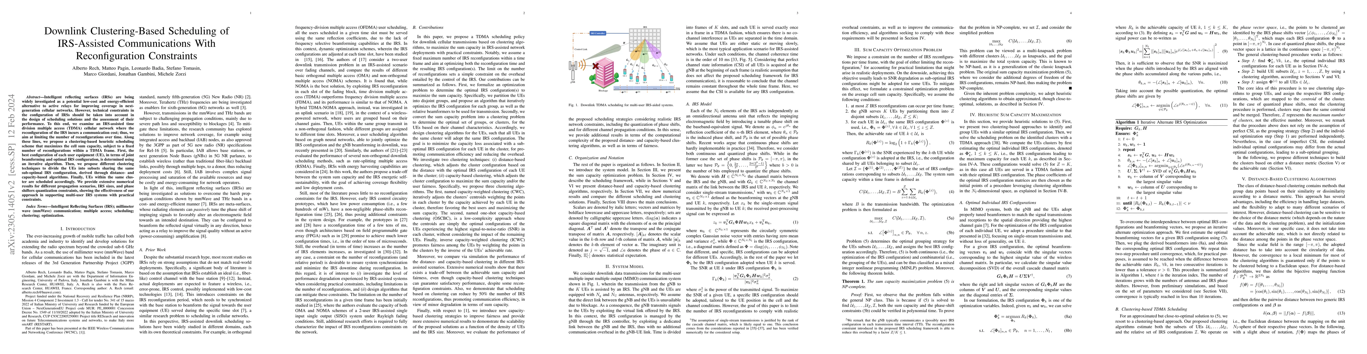 Thumbnail for Downlink Clustering-Based Scheduling of IRS-Assisted Communications With
  Reconfiguration Constraints
