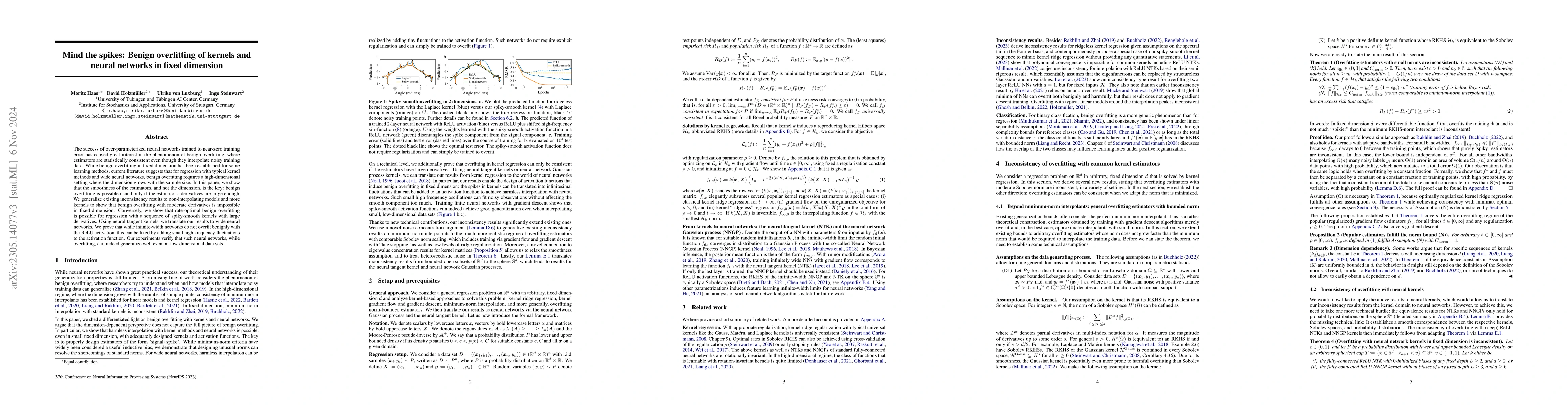 Thumbnail for Mind the spikes: Benign overfitting of kernels and neural networks in
  fixed dimension