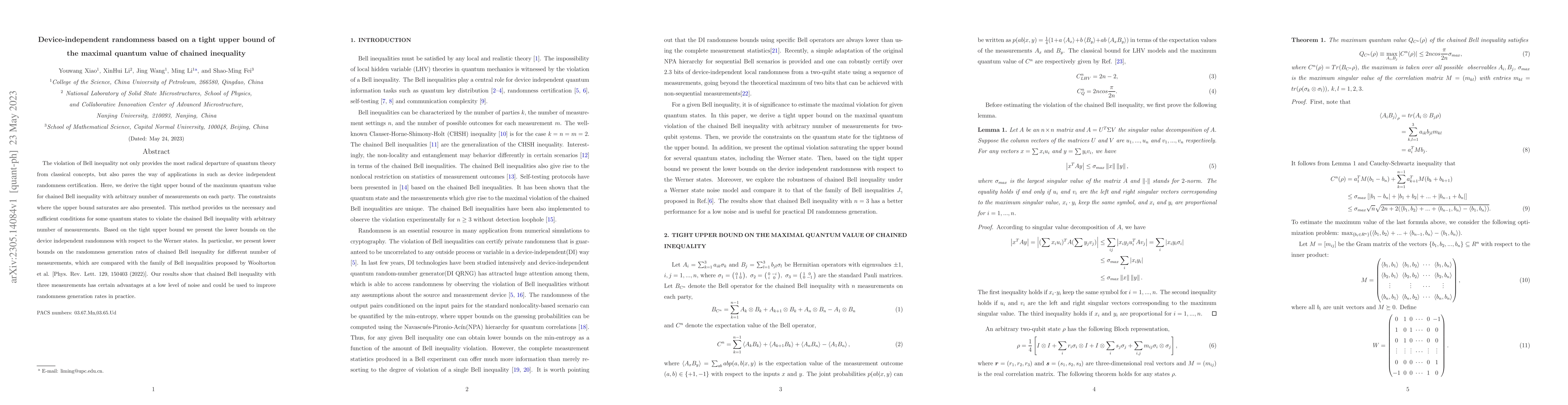 Thumbnail for Device-independent randomness based on a tight upper bound of the
  maximal quantum value of chained inequality