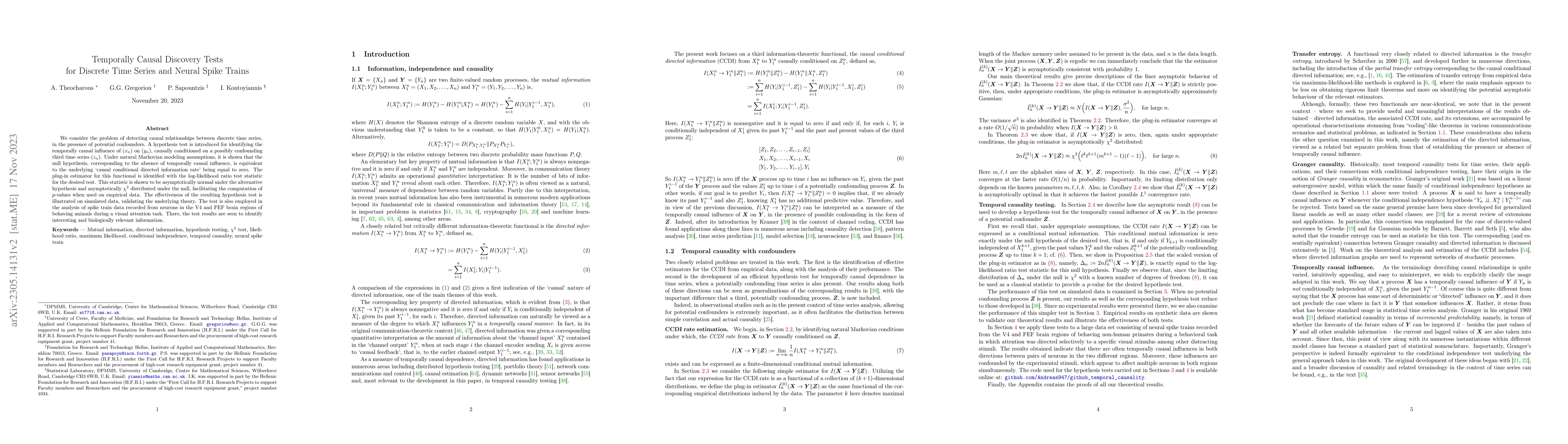 Thumbnail for Temporally Causal Discovery Tests for Discrete Time Series and Neural
  Spike Trains