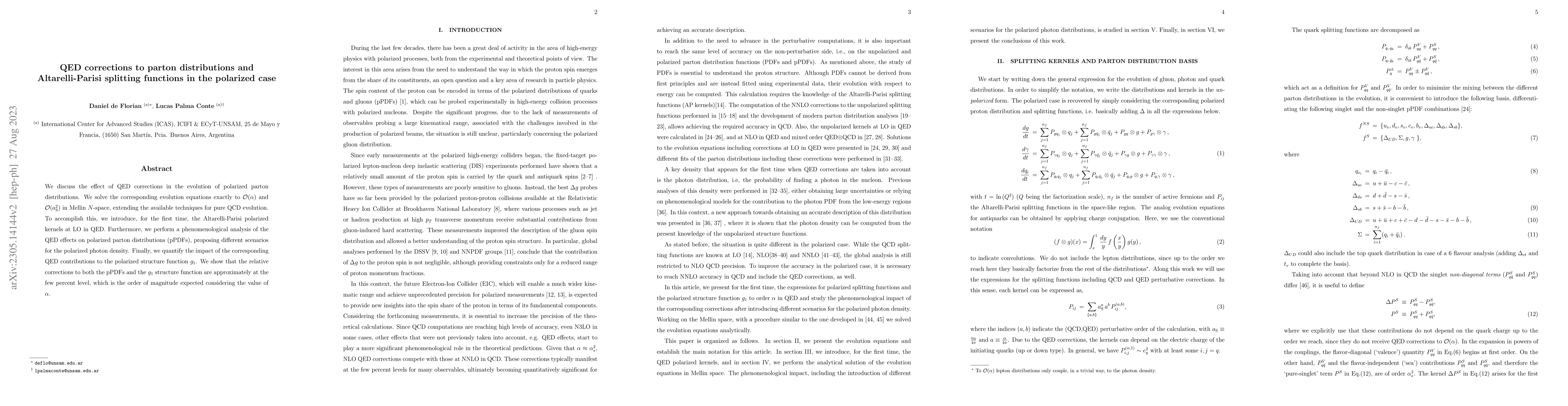 Thumbnail for QED corrections to parton distributions and Altarelli-Parisi splitting
  functions in the polarized case
