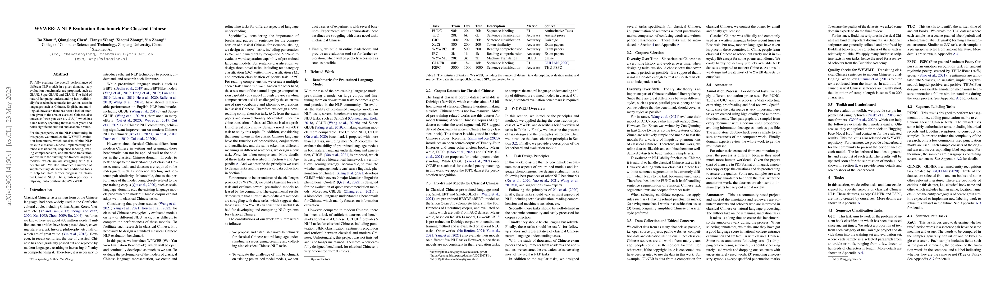 Thumbnail for WYWEB: A NLP Evaluation Benchmark For Classical Chinese