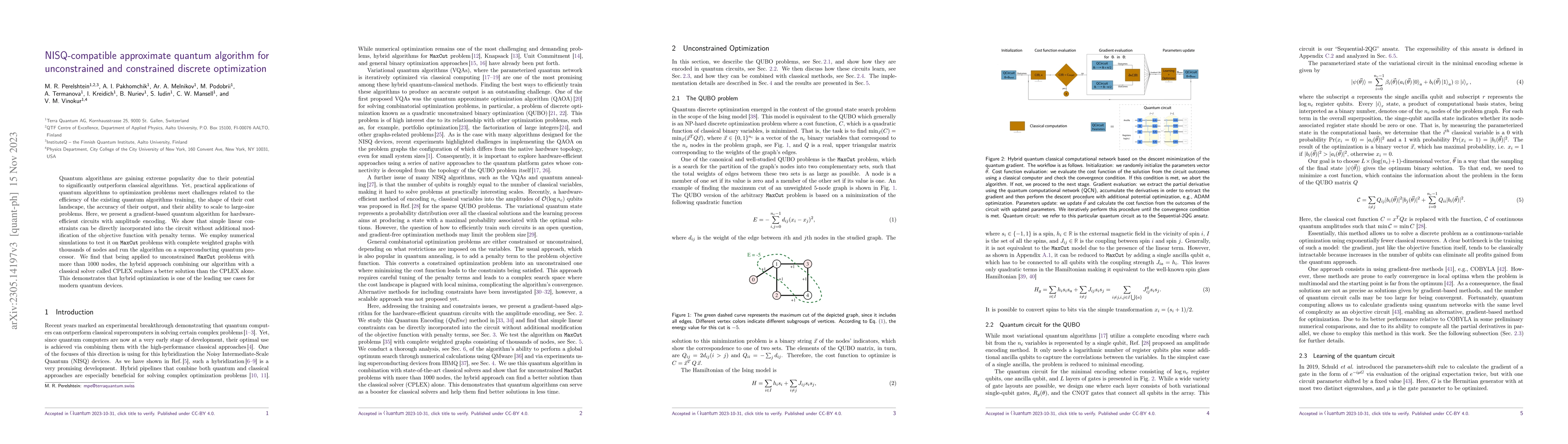 Thumbnail for NISQ-compatible approximate quantum algorithm for unconstrained and
  constrained discrete optimization