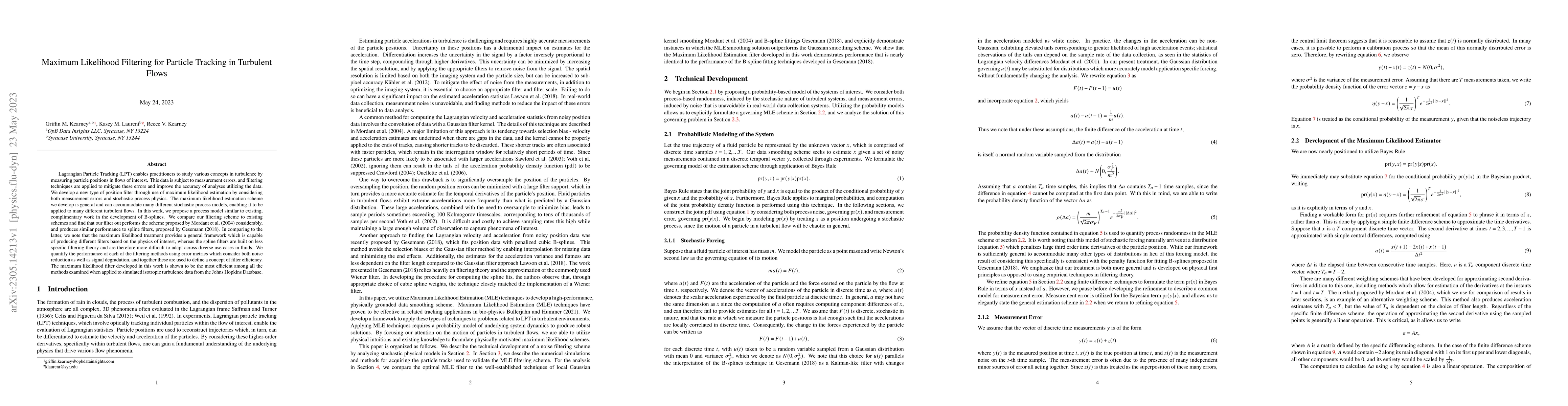 Thumbnail for Maximum Likelihood Filtering for Particle Tracking in Turbulent Flows