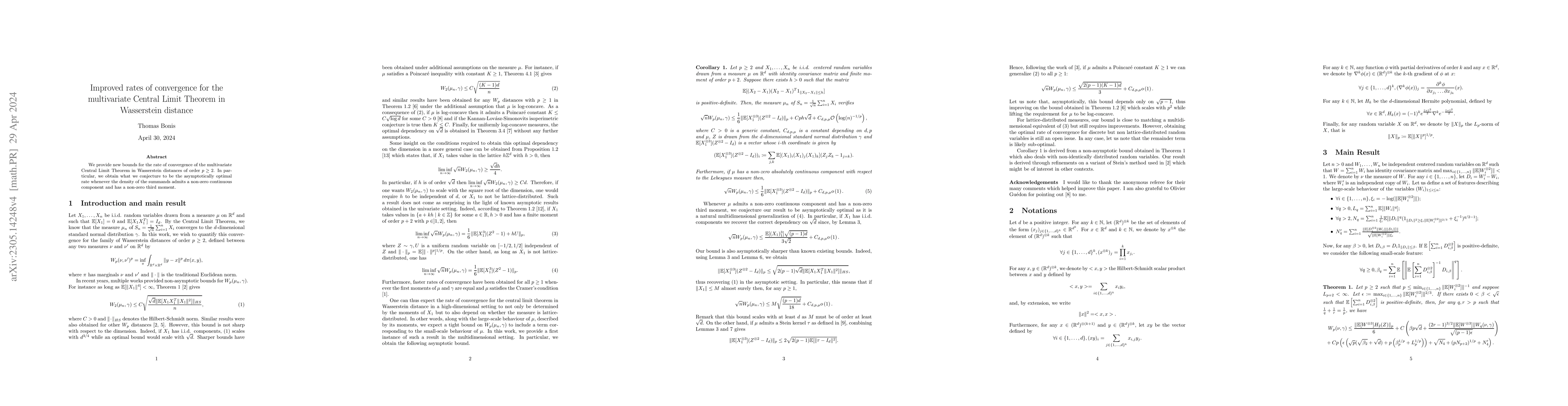 Thumbnail for Improved rates of convergence for the multivariate Central Limit Theorem
  in Wasserstein distance
