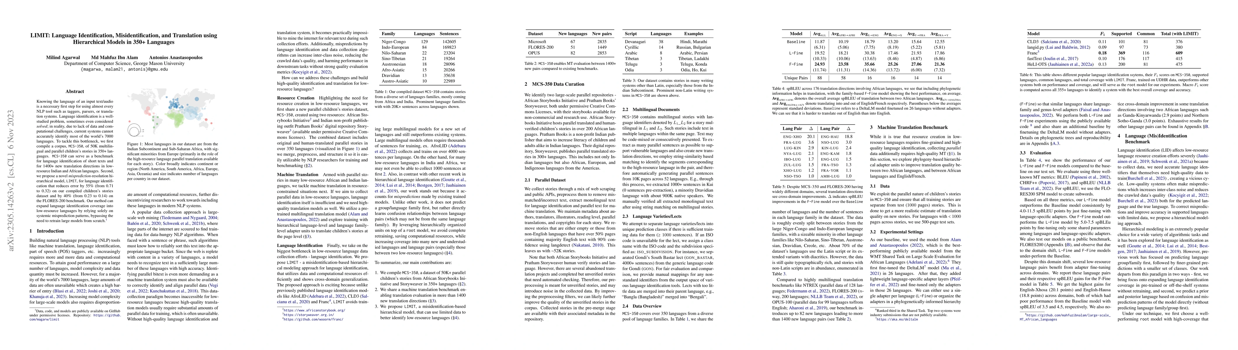 Thumbnail for LIMIT: Language Identification, Misidentification, and Translation using
  Hierarchical Models in 350+ Languages