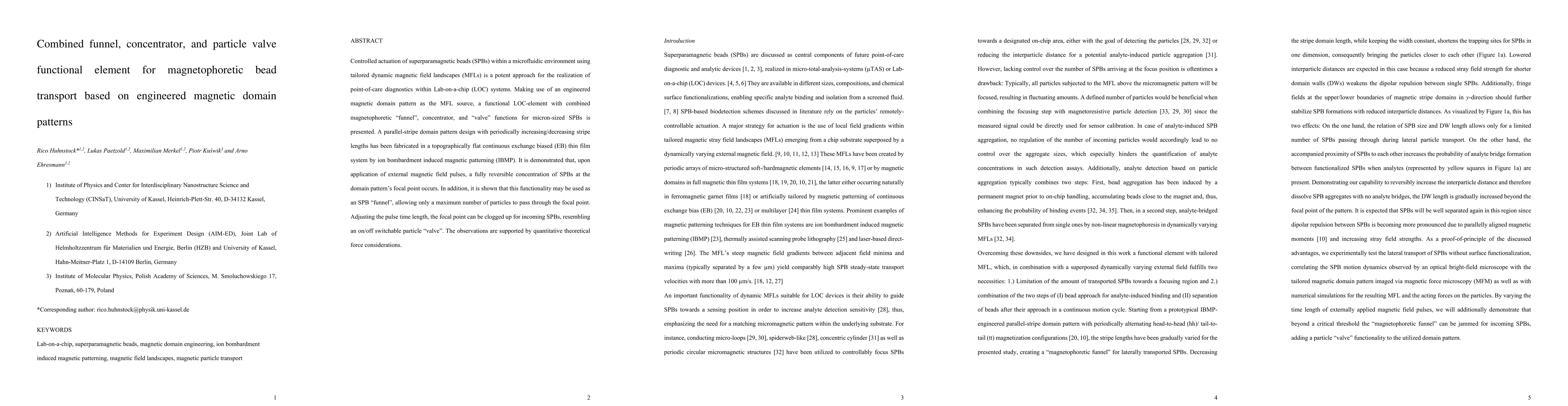 Thumbnail for Combined funnel, concentrator, and particle valve functional element for
  magnetophoretic bead transport based on engineered magnetic domain patterns