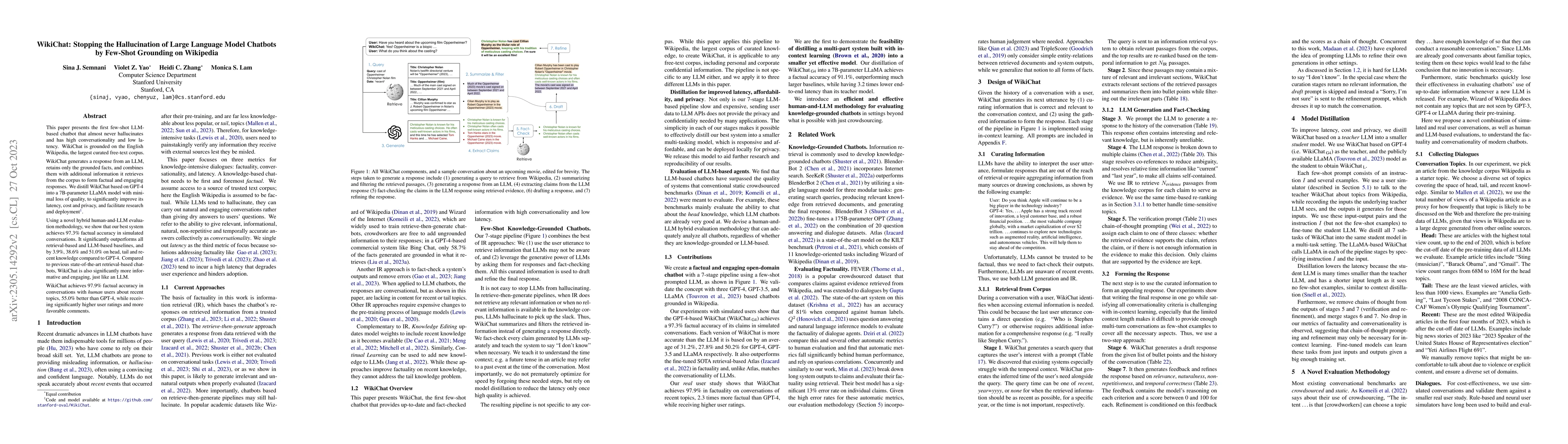 Thumbnail for WikiChat: Stopping the Hallucination of Large Language Model Chatbots by
  Few-Shot Grounding on Wikipedia