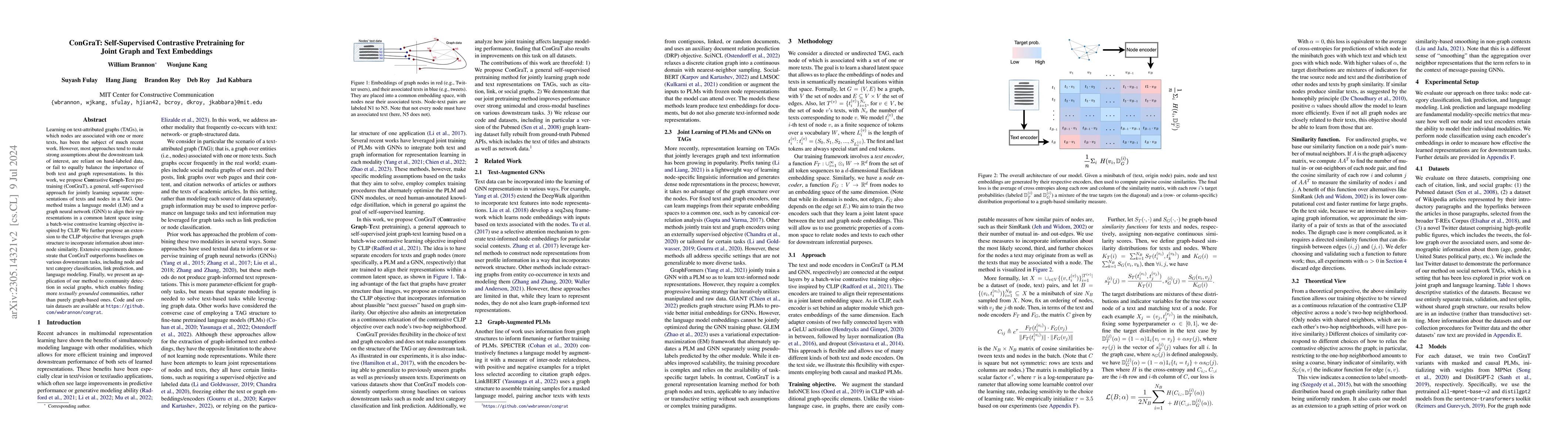 Thumbnail for ConGraT: Self-Supervised Contrastive Pretraining for Joint Graph and
  Text Embeddings