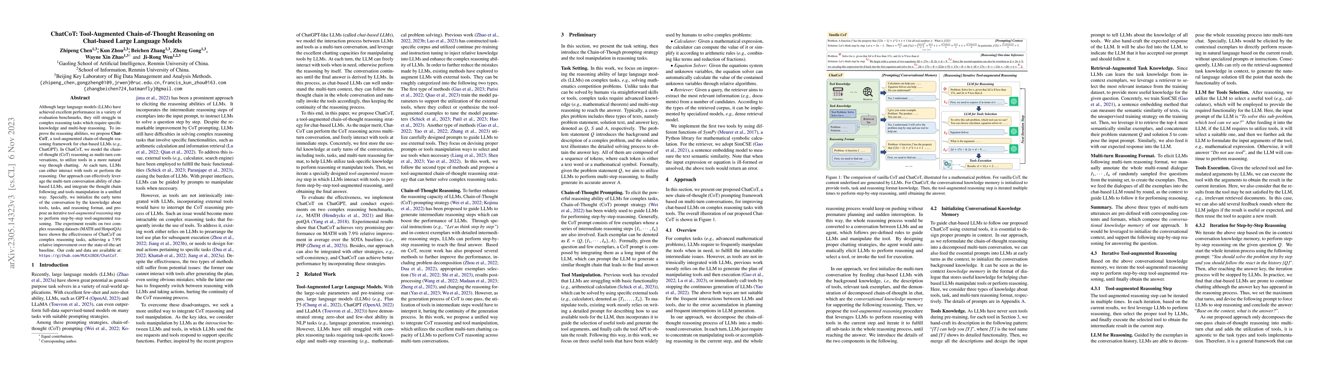 Thumbnail for ChatCoT: Tool-Augmented Chain-of-Thought Reasoning on Chat-based Large
  Language Models