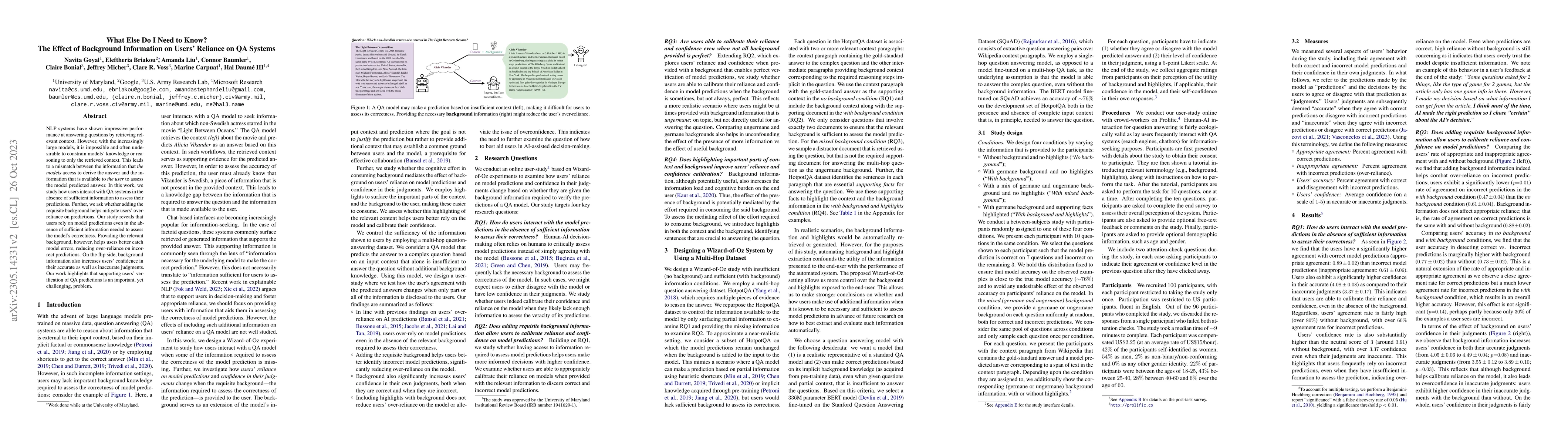 Thumbnail for What Else Do I Need to Know? The Effect of Background Information on
  Users' Reliance on QA Systems