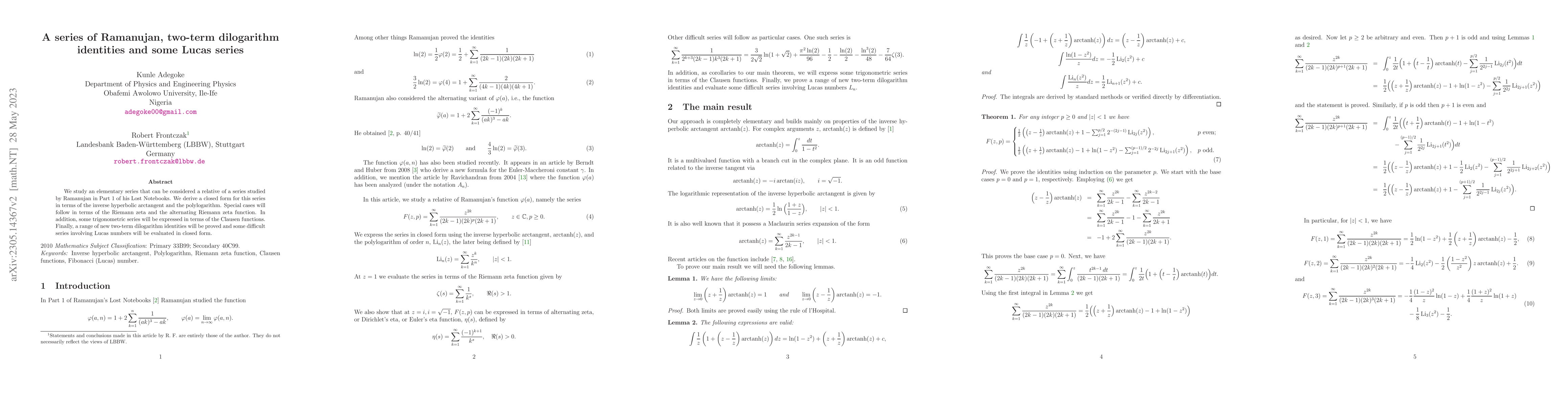 Thumbnail for A series of Ramanujan, two-term dilogarithm identities and some Lucas
  series