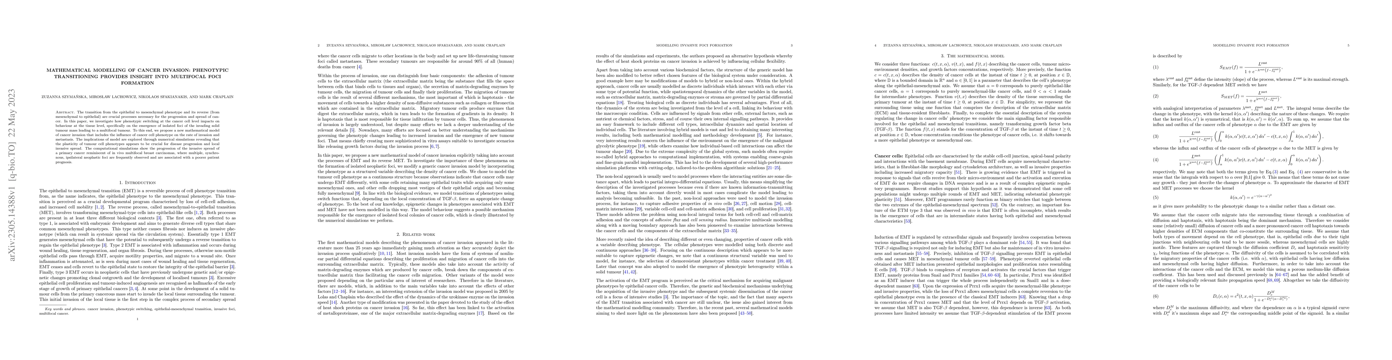 Thumbnail for Mathematical modelling of cancer invasion: Phenotypic transitioning
  provides insight into multifocal foci formation
