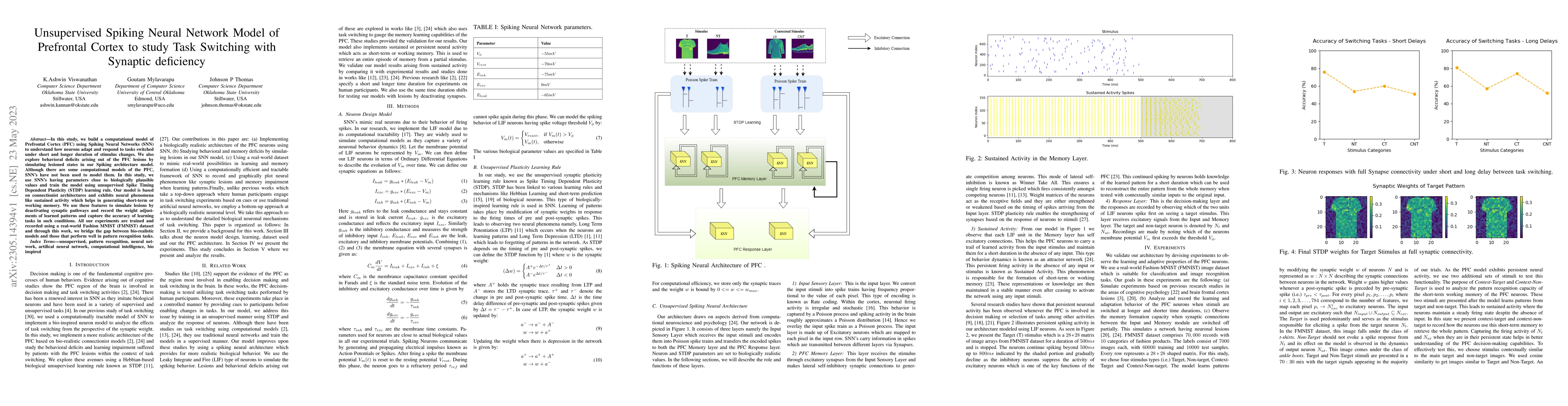 Thumbnail for Unsupervised Spiking Neural Network Model of Prefrontal Cortex to study
  Task Switching with Synaptic deficiency