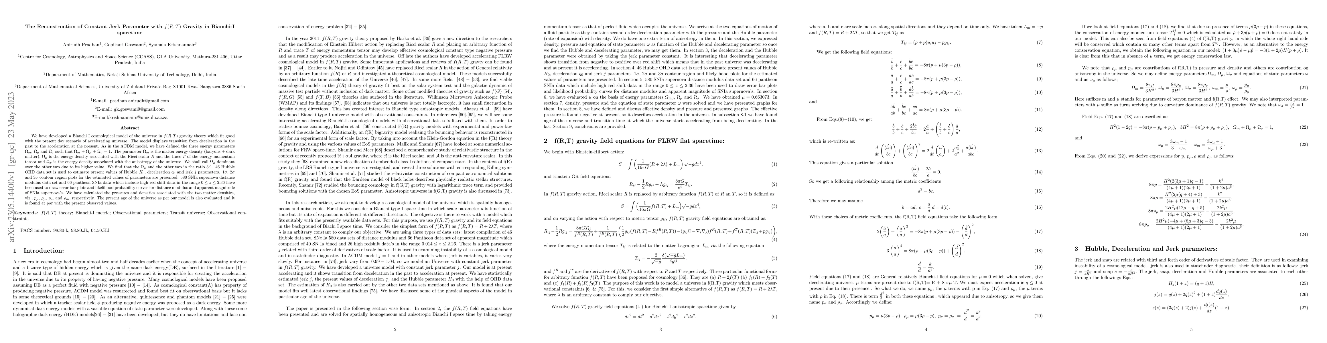 Thumbnail for The Reconstruction of Constant Jerk Parameter with $f(R,T)$ Gravity in
  Bianchi-I spacetime