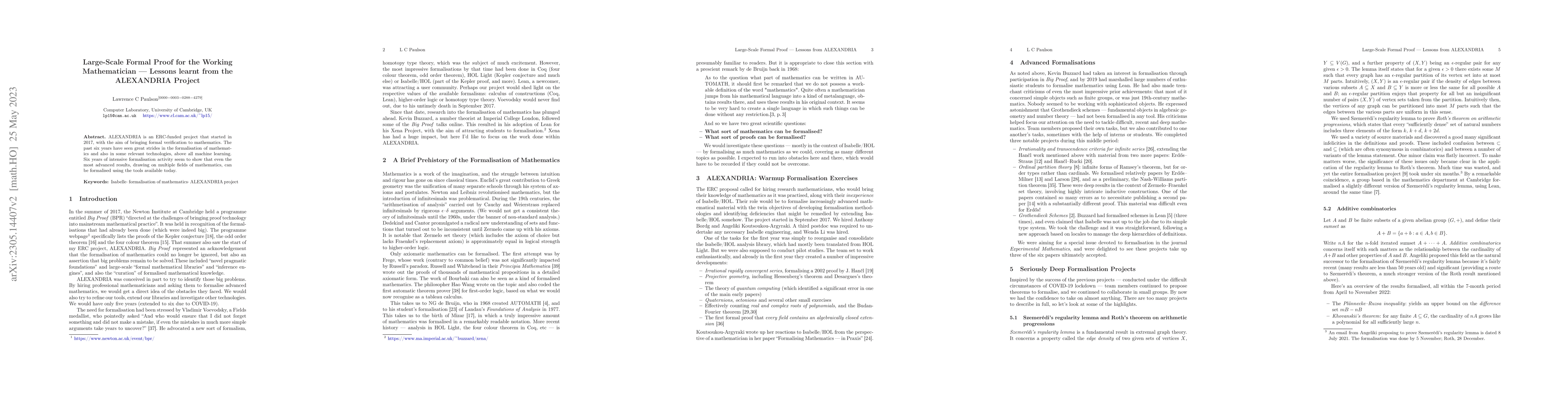 Thumbnail for Large-Scale Formal Proof for the Working Mathematician -- Lessons learnt
  from the ALEXANDRIA Project