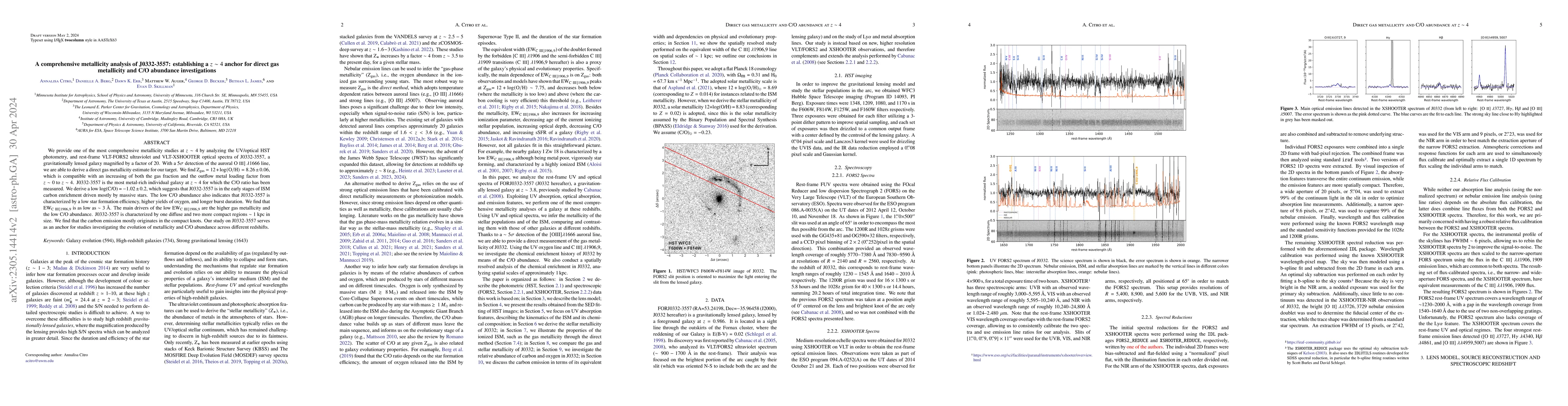 Thumbnail for A comprehensive metallicity analysis of J0332-3557: establishing a z ~ 4
  anchor for direct gas metallicity and C/O abundance investigations
