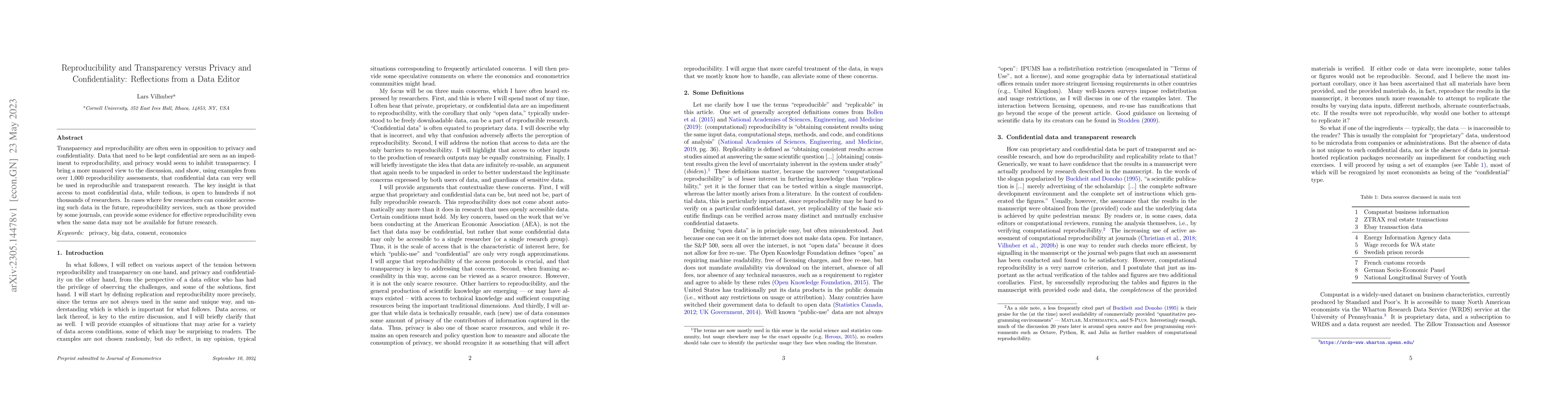 Thumbnail for Reproducibility and Transparency versus Privacy and Confidentiality:
  Reflections from a Data Editor