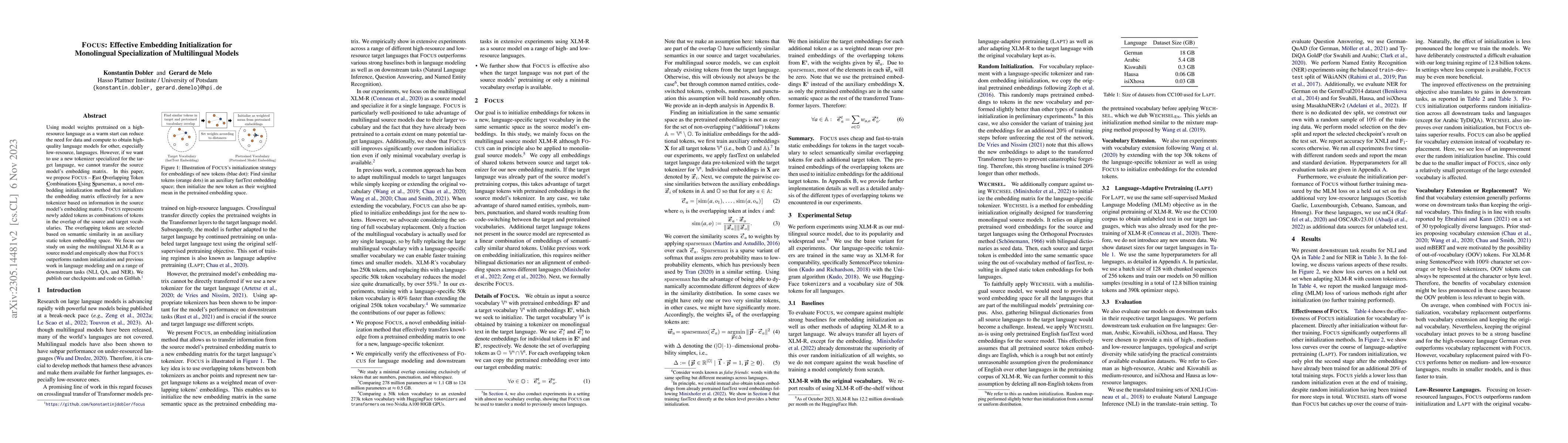 Thumbnail for FOCUS: Effective Embedding Initialization for Monolingual Specialization
  of Multilingual Models