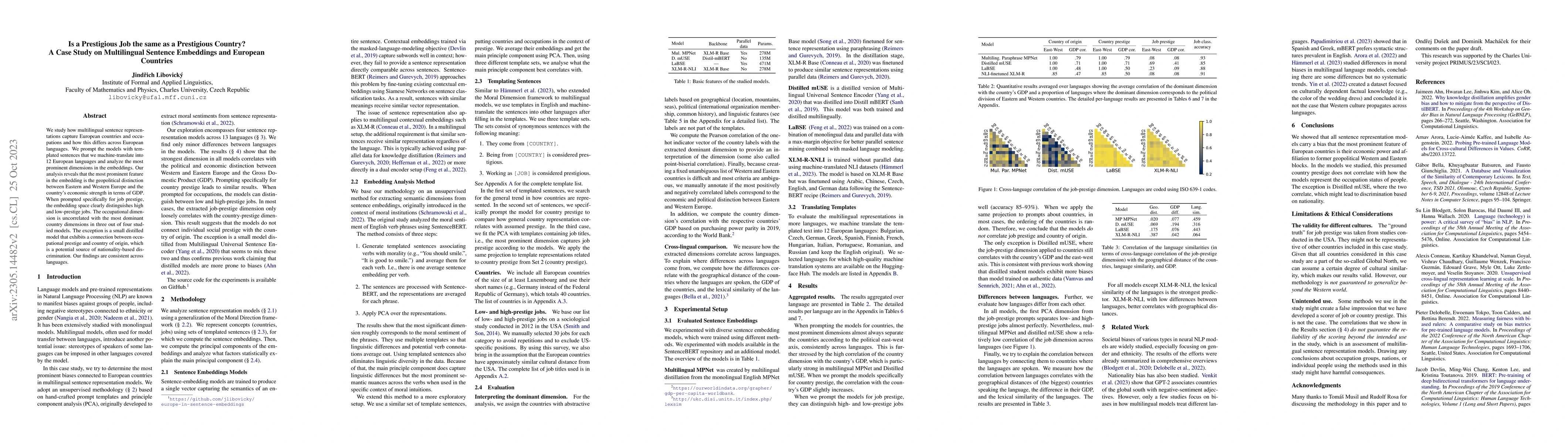 Thumbnail for Is a Prestigious Job the same as a Prestigious Country? A Case Study on
  Multilingual Sentence Embeddings and European Countries
