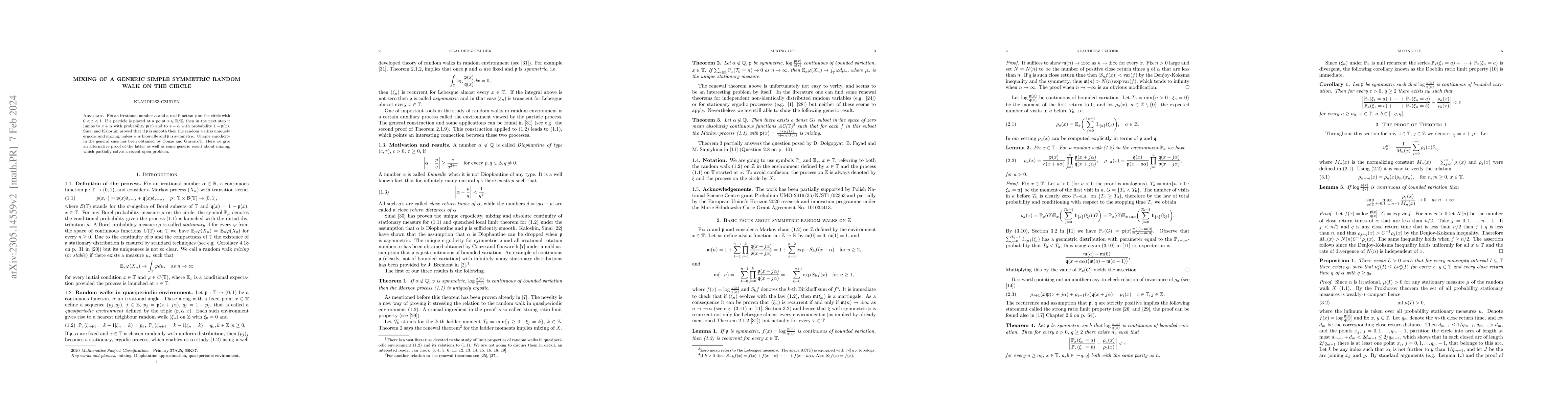Thumbnail for Mixing of a generic simple symmetric random walk on the circle