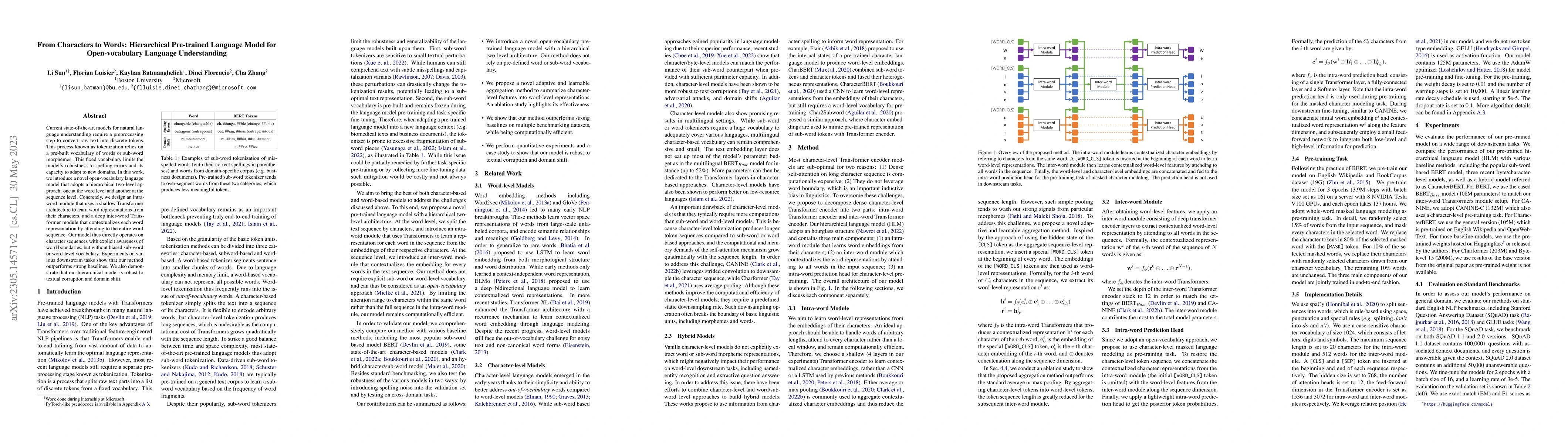 Thumbnail for From Characters to Words: Hierarchical Pre-trained Language Model for
  Open-vocabulary Language Understanding
