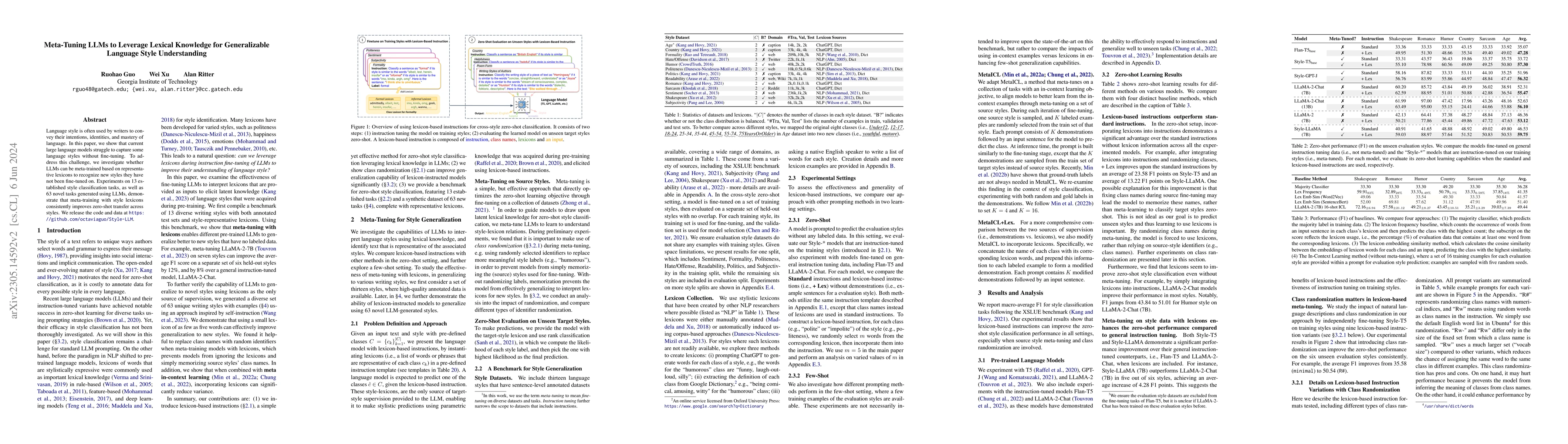 Thumbnail for Meta-Tuning LLMs to Leverage Lexical Knowledge for Generalizable
  Language Style Understanding