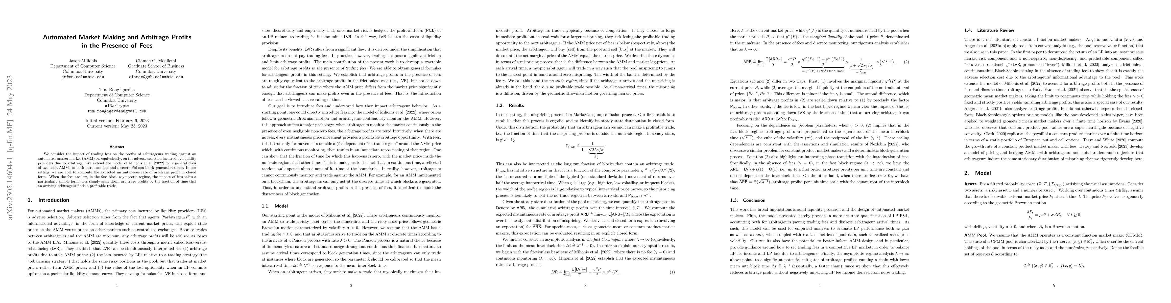 Thumbnail for Automated Market Making and Arbitrage Profits in the Presence of Fees