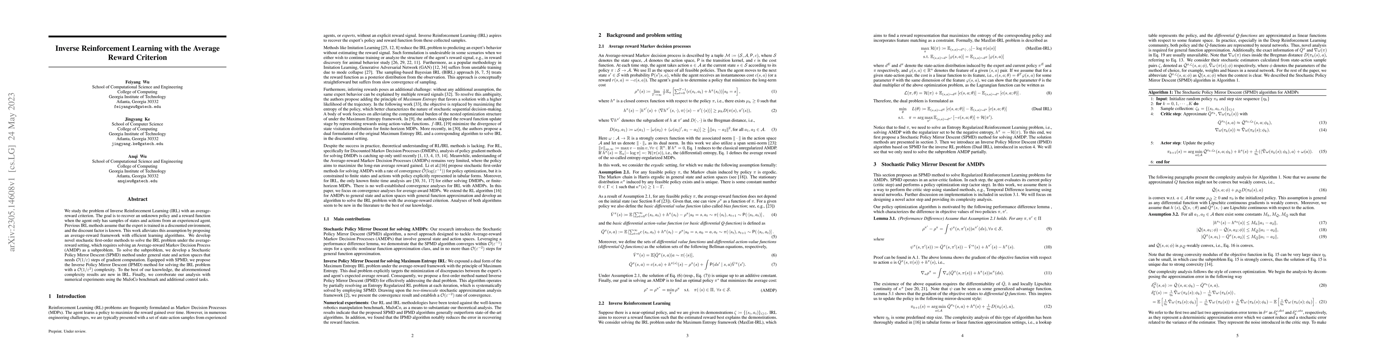Thumbnail for Inverse Reinforcement Learning with the Average Reward Criterion