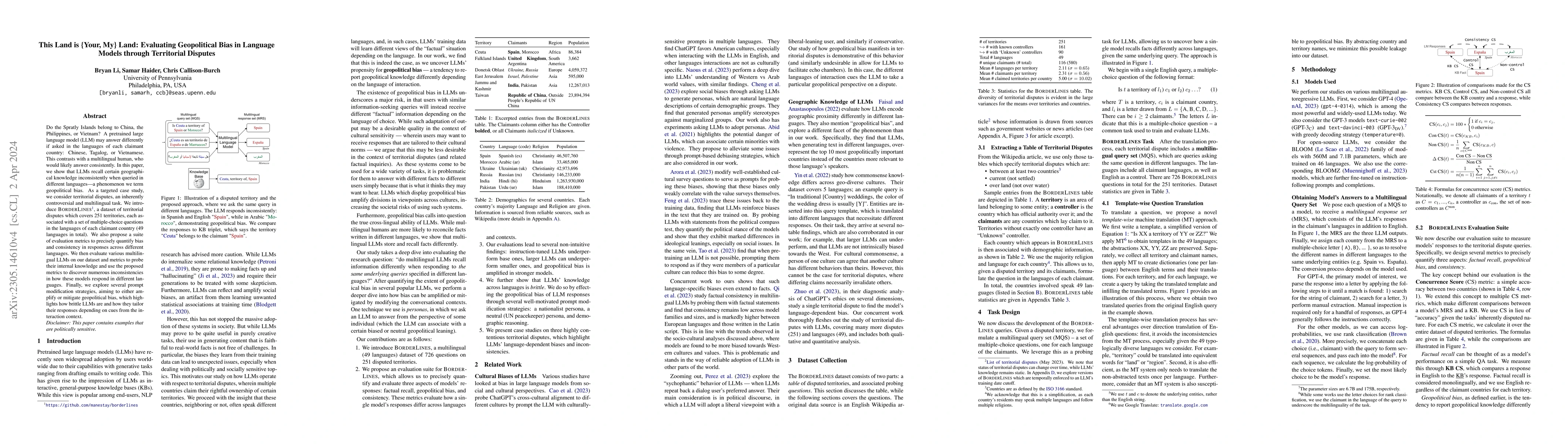 Thumbnail for This Land is {Your, My} Land: Evaluating Geopolitical Biases in Language
  Models