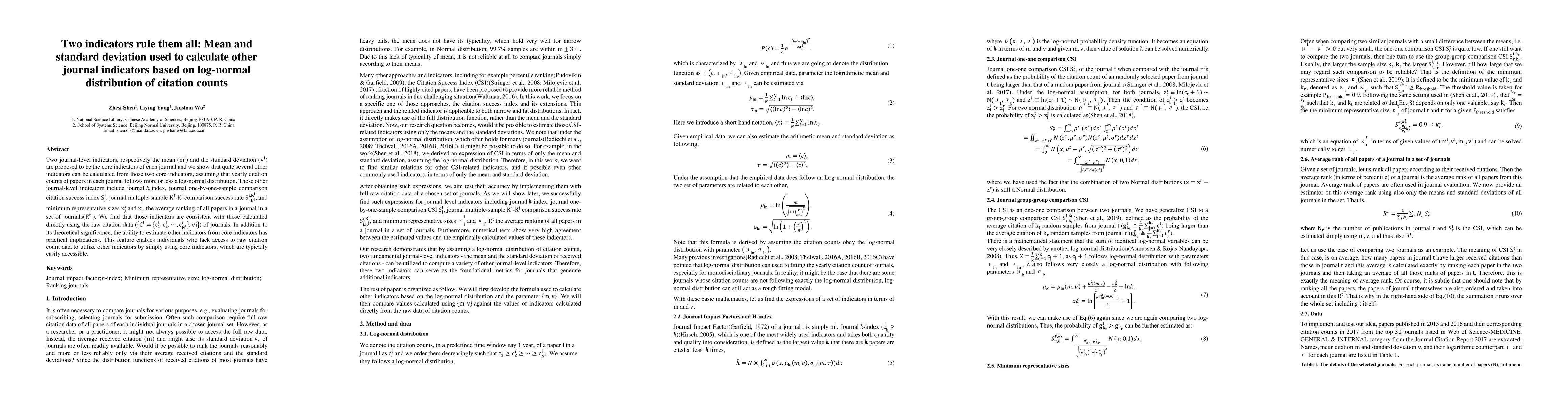 Thumbnail for Two indicators rule them all: Mean and standard deviation used to
  calculate other journal indicators based on log-normal distribution of
  citation counts