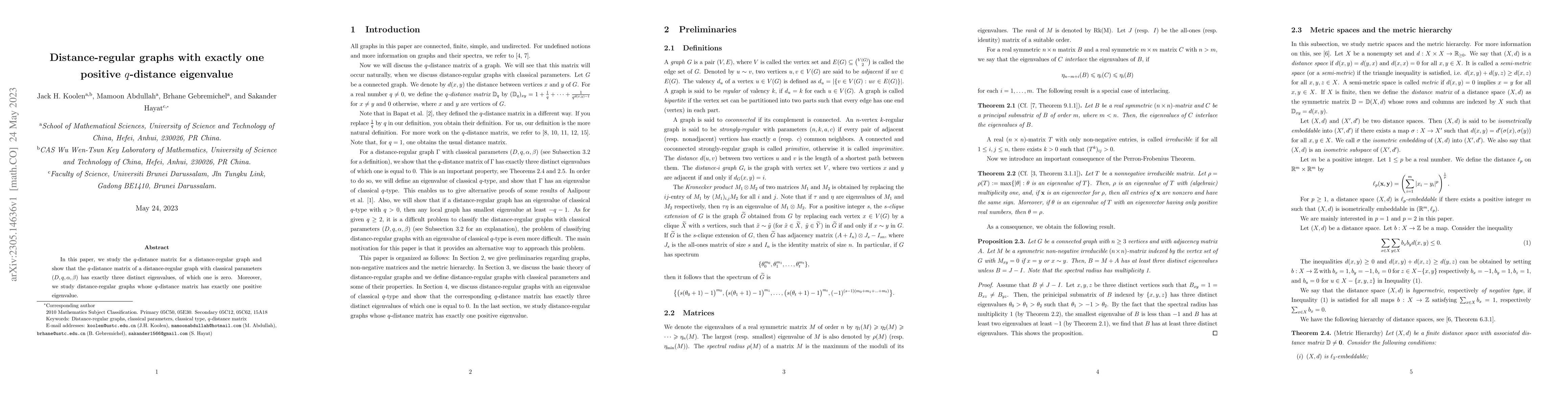 Thumbnail for Distance-regular graphs with exactly one positive $q$-distance
  eigenvalue